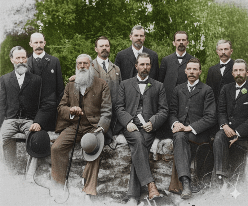 A group of men dressed in formal suits and ties, standing together in a professional setting.