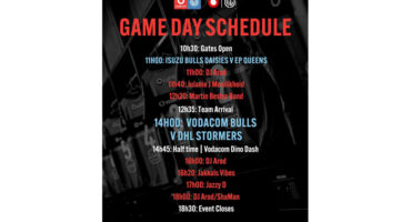 Poster displaying the rugby game day schedule, including teams, dates, and kickoff times.