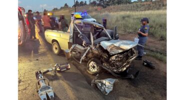 Accident scene where a Nissan bakkie was hit by a truck.