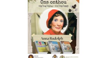 Portrait of a woman in a red hat and coat on a tribute poster. Text includes her name and dates, with books displayed below. Warm, respectful tone.