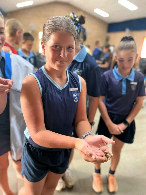 A young girl in school uniform smiles while holding a small insect in her hands, surrounded by classmates in a bright, cheerful classroom setting.