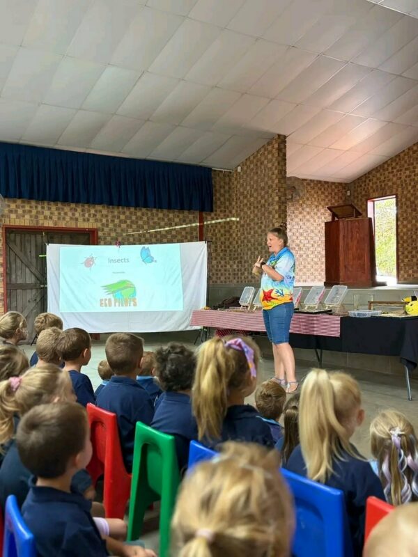 A woman gives a presentation on insects to attentive children seated on colorful chairs. A screen displays insect graphics, creating an educational atmosphere.