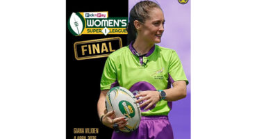 A female referee in a green and purple uniform holds a rugby ball on a poster for the Women's Super League Final, dated April 4, 2026.
