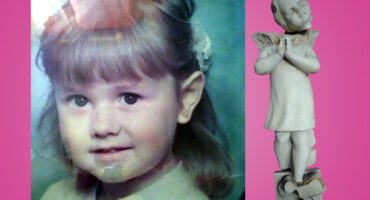 A young girl with light brown hair and a subtle smile is on the left, set against a blue background. To the right, a broken praying angel statue.