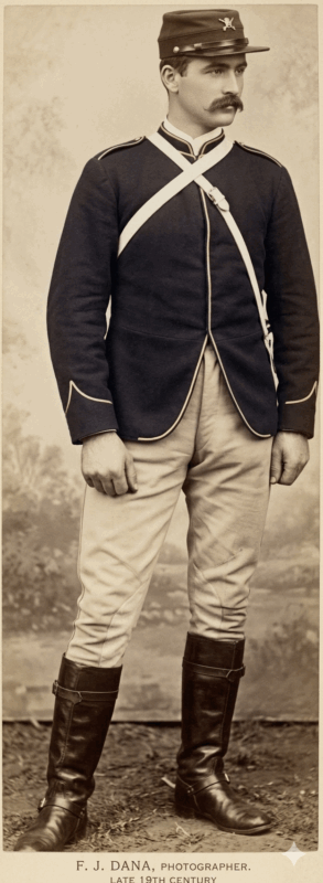 A late 19th-century soldier in a uniform with crossed white straps and dark boots, stands with hands at sides. The image is formal and stoic, evoking historical military pride.
