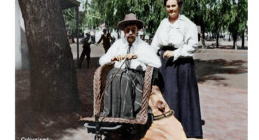A man in a wheelchair, wearing a hat and white shirt, sits with a dog beside him. A woman stands behind, outdoors with trees in the background.