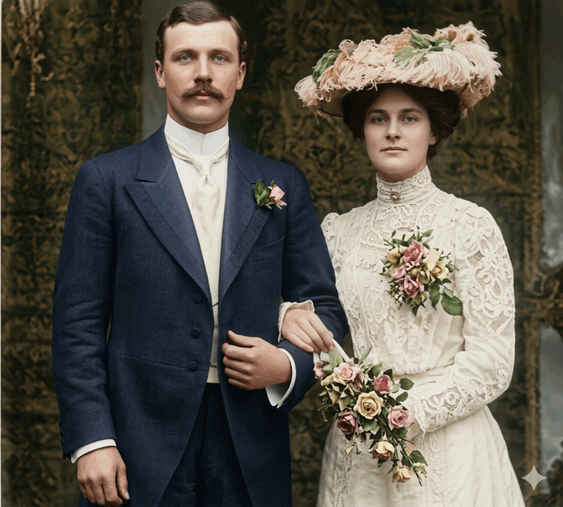 A vintage wedding photo features a solemn couple. The groom wears a blue suit with a pink boutonniere, while the bride, in lace, holds a bouquet.