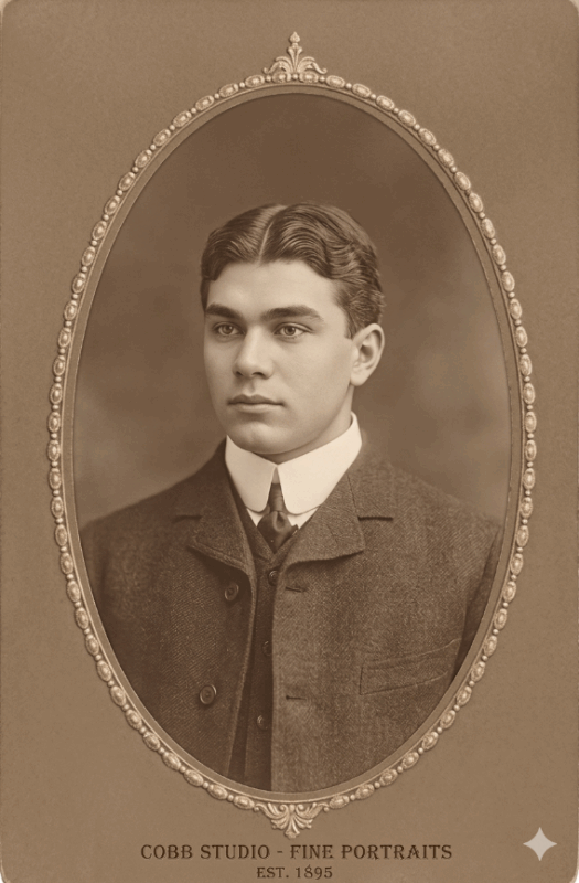 Vintage sepia portrait of a young man in formal attire; he has neatly combed hair and a solemn expression. The oval frame reads "Cobb Studio."
