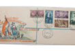 Decorative 1952 envelope celebrating Jan van Riebeeck's 300th anniversary. Features illustrations of explorers and five vintage South African stamps.
