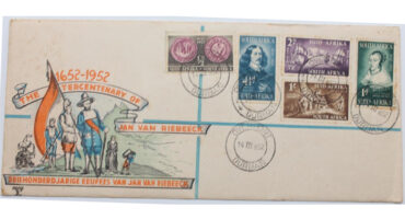 Decorative 1952 envelope celebrating Jan van Riebeeck's 300th anniversary. Features illustrations of explorers and five vintage South African stamps.