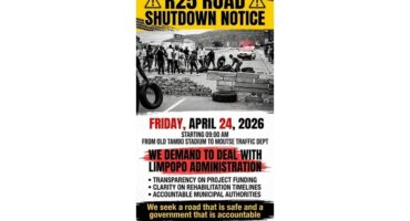 R25 road shutdown notice for April 24, 2026. Black and white image showing a roadblock with tires and bricks. Protest details and demands listed.
