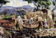 A group of pioneers builds wooden wagon wheels under trees, with mountains in the background. The scene conveys industry and collaboration.