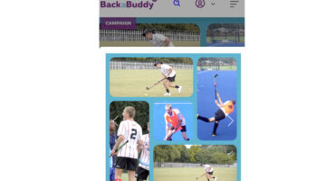 A collage of hockey players in action on grass and turf fields. Players wear striped and solid jerseys, exuding focus and dynamic movement. Sporty and energetic tone.