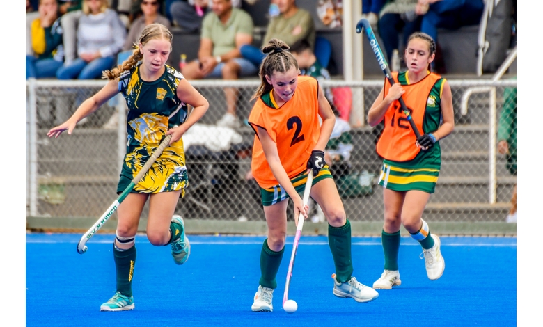 Three young female field hockey players compete energetically on a bright blue turf. Two wear orange vests, their focus intense, as they pursue the ball.