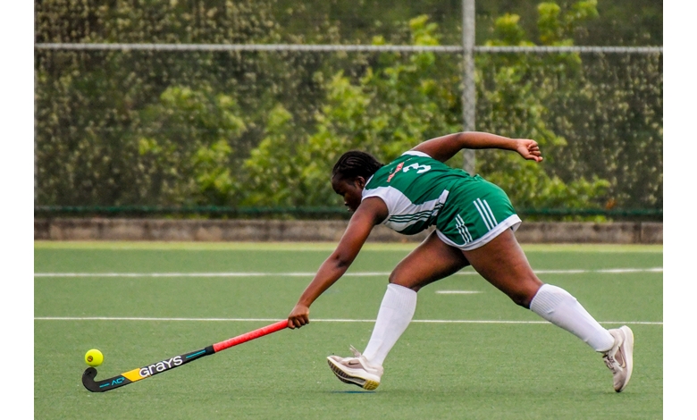 A field hockey player in a green and white uniform lunges forward, about to hit a yellow ball with a black stick, on a green field. The scene conveys focus and athleticism.