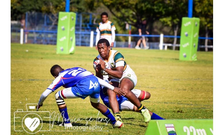 Two rugby players in action on a grassy field. One in a white and green uniform holds the ball, evading a tackle from an opponent in blue. Energetic scene.