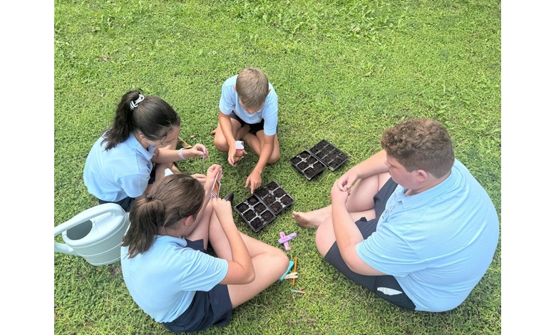 Four students are seated on the grass, actively working with their seedlings.