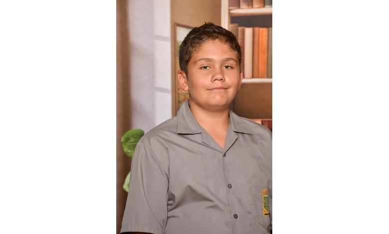 A young person in a gray school uniform stands indoors, smiling slightly. The background shows a bookshelf and green plant, creating a calm atmosphere.