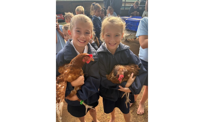 Two smiling children in blue jackets hold chickens, surrounded by a group of peers. The setting has a cheerful and lively farm atmosphere.