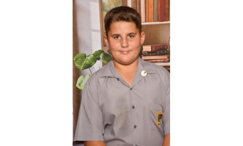 Smiling boy in a gray school uniform with a badge, standing in front of a backdrop featuring bookshelves and green leaves, conveying a studious atmosphere.