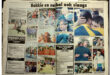 A newspaper spread features various sports photos, including field hockey, netball, and rugby. Athletes are in action, celebrating victories, and embracing. The title at the top is bold, surrounded by columns of text and small advertisements on the sides, conveying a dynamic sporting event atmosphere.