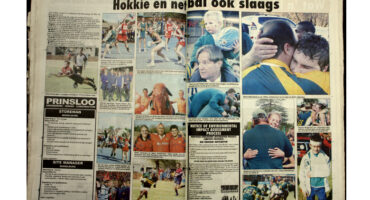 A newspaper spread features various sports photos, including field hockey, netball, and rugby. Athletes are in action, celebrating victories, and embracing. The title at the top is bold, surrounded by columns of text and small advertisements on the sides, conveying a dynamic sporting event atmosphere.