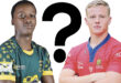 Two rugby players stand facing forward, one in a green jersey and the other in red, with a large question mark between them, suggesting a comparison.