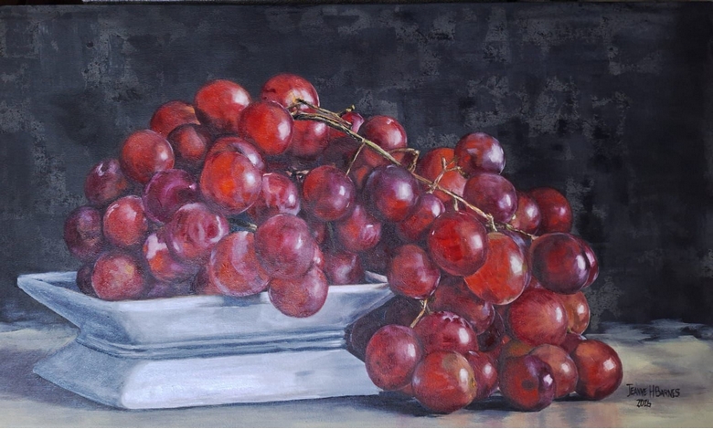 A realistic painting of vibrant red grapes overflowing a white dish against a dark, textured background, creating a rich, dramatic contrast.