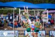 Players in green and yellow rugby uniforms perform a line-out lift during a match. Spectators watch from covered stands, creating an energetic atmosphere.