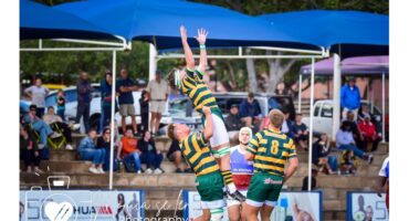 Players in green and yellow rugby uniforms perform a line-out lift during a match. Spectators watch from covered stands, creating an energetic atmosphere.