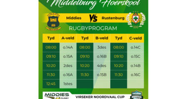 Schedule for a rugby match between Middelburg and Rustenburg on May 16, 2026. Timings and field details are listed in a green grid format.