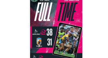 Alt text: "Rugby match result graphic for SA Cup Round 18. Airlink Pumas 38, opposition 31. Includes action photo of a player running with the ball."
