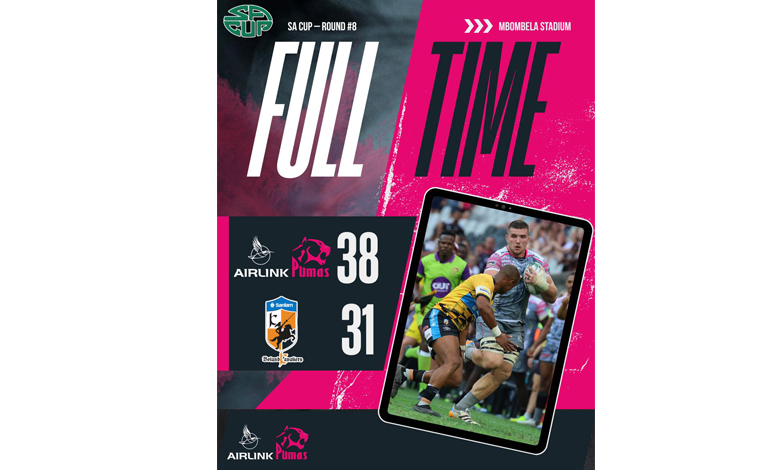 Alt text: "Rugby match result graphic for SA Cup Round 18. Airlink Pumas 38, opposition 31. Includes action photo of a player running with the ball."