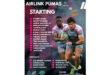 Rugby match lineup for Airlink Pumas vs. Cheetahs. Includes starting players, highlighted by an action shot of two players holding a rugby ball. Names of starting players and substitutes are listed below. Team logos and coaches' names are displayed. The tone is energetic and competitive.