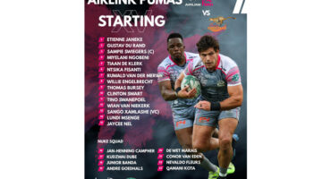 Rugby match lineup for Airlink Pumas vs. Cheetahs. Includes starting players, highlighted by an action shot of two players holding a rugby ball. Names of starting players and substitutes are listed below. Team logos and coaches' names are displayed. The tone is energetic and competitive.