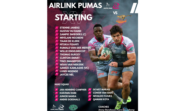 Rugby match lineup for Airlink Pumas vs. Cheetahs. Includes starting players, highlighted by an action shot of two players holding a rugby ball. Names of starting players and substitutes are listed below. Team logos and coaches' names are displayed. The tone is energetic and competitive.