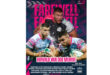 Rugby farewell tribute poster featuring three images of a player in action. Includes bold pink text "Farewell" and "Ruwald van der Merwe." Emotional and dynamic tone.