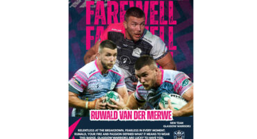 Rugby farewell tribute poster featuring three images of a player in action. Includes bold pink text "Farewell" and "Ruwald van der Merwe." Emotional and dynamic tone.