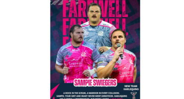 Rugby farewell poster featuring three players in pink jerseys with serious expressions. Bold pink "Farewell" text in background. Emotional and celebratory tone.