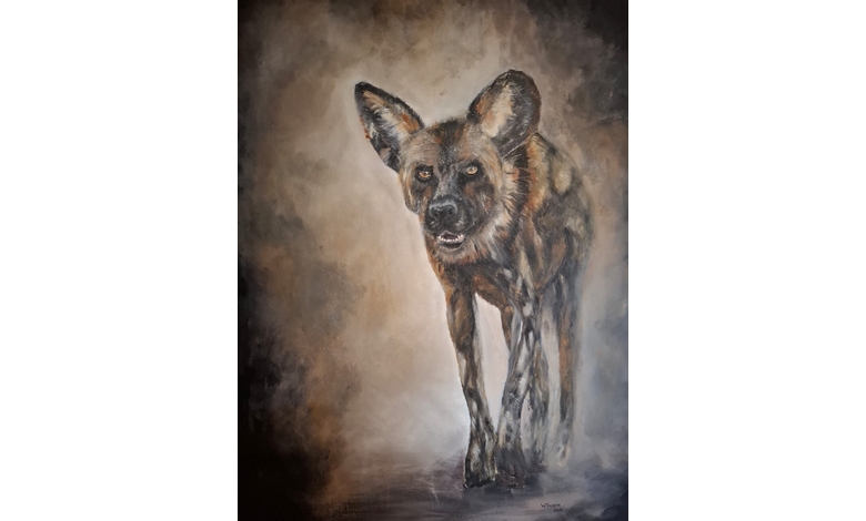 Painting of an African wild dog with expressive eyes and intricate fur patterns, set against a blurred, earthy background, conveying a sense of curiosity.