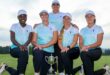Five women golfers in matching uniforms pose proudly with a trophy on a golf course. They are smiling, conveying a sense of achievement and teamwork. Logos for South African Women's Golf and GolfRSA are visible.