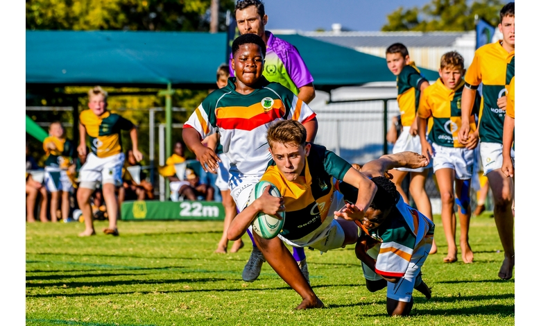 Youth rugby match action scene with a young player diving forward to score a try, ball in hand. Teammates and opponents in colorful jerseys surround him. Dynamic and energetic atmosphere on a sunny day.