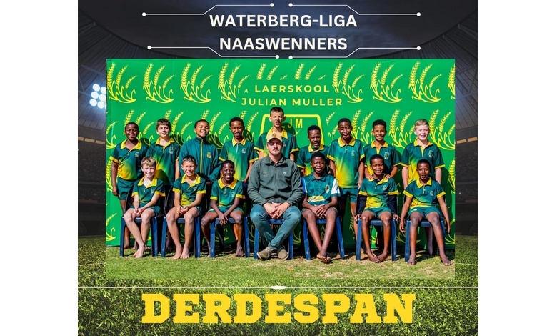 A youth sports team in green and yellow uniforms poses with a coach in front of a backdrop. Text above reads "Waterberg-Liga Naaswenners" and below "Derdespan."