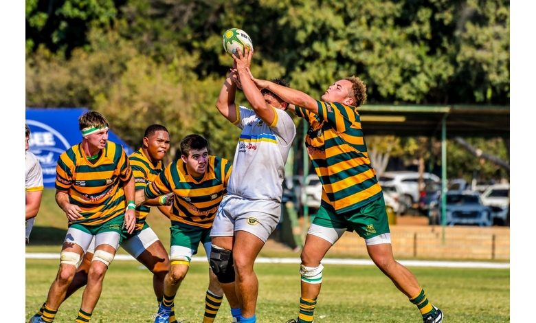 Rugby players in green and yellow striped jerseys compete intensely for the ball during a match on a sunny day, with trees and a parking area in the background.