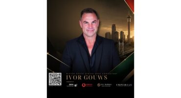 A man in a black suit smiles confidently against a city skyline backdrop. The image reads "Mister South Africa 2026 Contestant." Mood is professional.