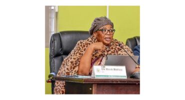 A woman in glasses and a headscarf speaks at a conference table, wearing a leopard print shawl. The setting is formal, with a nameplate visible.