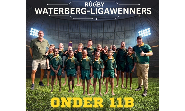A youth rugby team poses happily with two coaches in a stadium. They're wearing green uniforms. The text reads "Rugby Waterberg-Ligawenners Onder 11B".