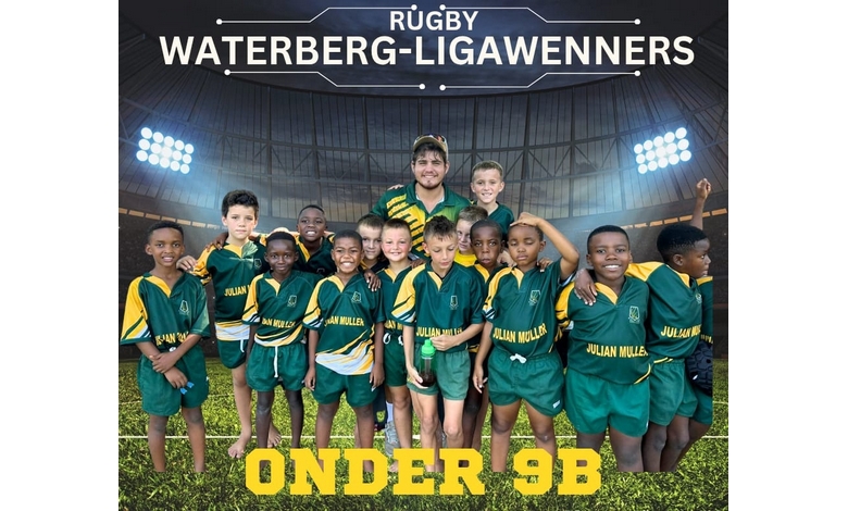 A youth rugby team poses in green and yellow jerseys under stadium lights with their coach. Text above reads "Rugby Waterberg-Ligawenners Onder 9B."