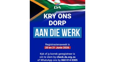 South African political poster with flag, DA logo, and text urging registration on June 20-21, 2026. Tone is motivational and community-focused.
