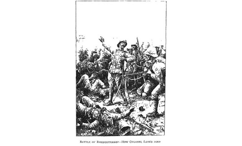 Illustration of a battle scene showing a heroic soldier raising an arm amidst chaos. Surrounding troops appear engaged in combat. The mood is intense.